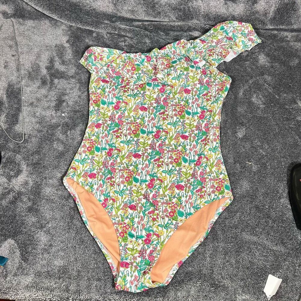J Crew Liberty of London Ruffle One Shoulder One Piece Swimsuit Sz 8 - Picture 1 of 6
